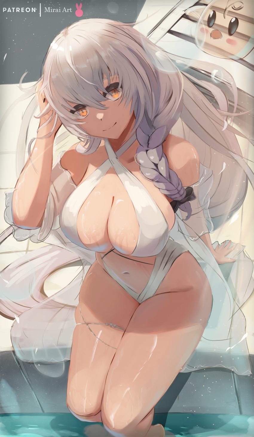 absurdres artist_name azur_lane bare_shoulders blush bow braid breasts cleavage commentary_request criss-cross_halter female french_braid hair_between_eyes hair_over_shoulder hairbow halterneck hermione_(azur_lane) hermione_(pure_white_holiday)_(azur_lane) highres large_breasts long_hair looking_at_viewer mirai_hikari navel official_alternate_costume one-piece_swimsuit sitting skindentation soaking_feet solo swimsuit thighs very_long_hair white_hair white_one-piece_swimsuit yellow_eyes