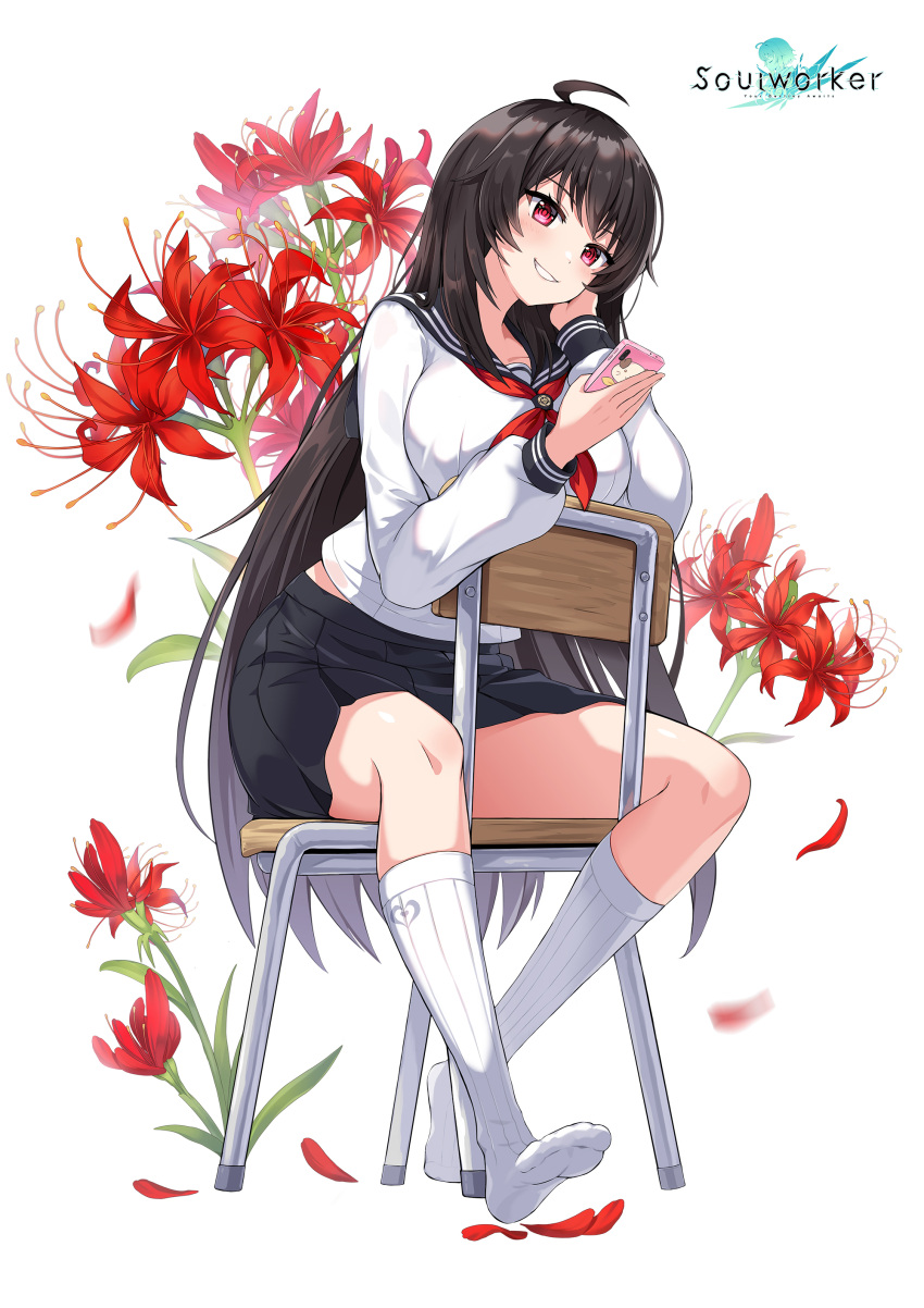 absurdres ahoge black_hair black_skirt breasts chair female flower full_body grin hand_up highres holding iris_yuma kneehighs large_breasts long_hair long_sleeves looking_at_phone looking_at_viewer maett midriff_peek miniskirt neckerchief no_shoes official_art phone pleated_skirt red_eyes sailor_collar school_chair school_uniform serafuku shirt sitting sitting_backwards skirt smile socks solo soulworker spider_lily thighs very_long_hair white_shirt white_socks