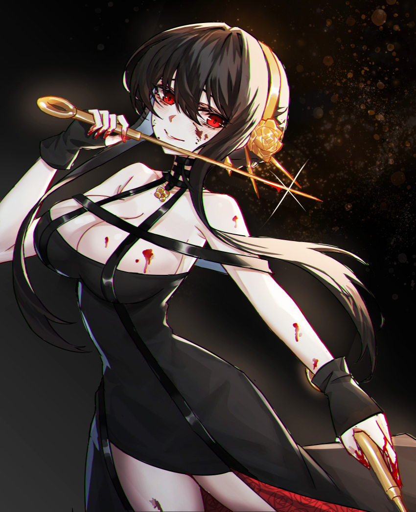 absurdres black_background black_dress black_gloves black_hair blood blood_on_face blush breasts cleavage closed_mouth collarbone dagger dress dual_wielding earrings female fingerless_gloves flower gloves gold gold_earrings gold_hairband hair_flower hair_ornament hairband highres holding holding_dagger holding_knife holding_weapon jewelry knife kongbai_huanxiang large_breasts lips long_hair multi-strapped_dress pendant petals red_eyes rose sidelocks simple_background sleeveless sleeveless_dress smile solo spy_x_family two-sided_dress two-sided_fabric weapon yor_briar