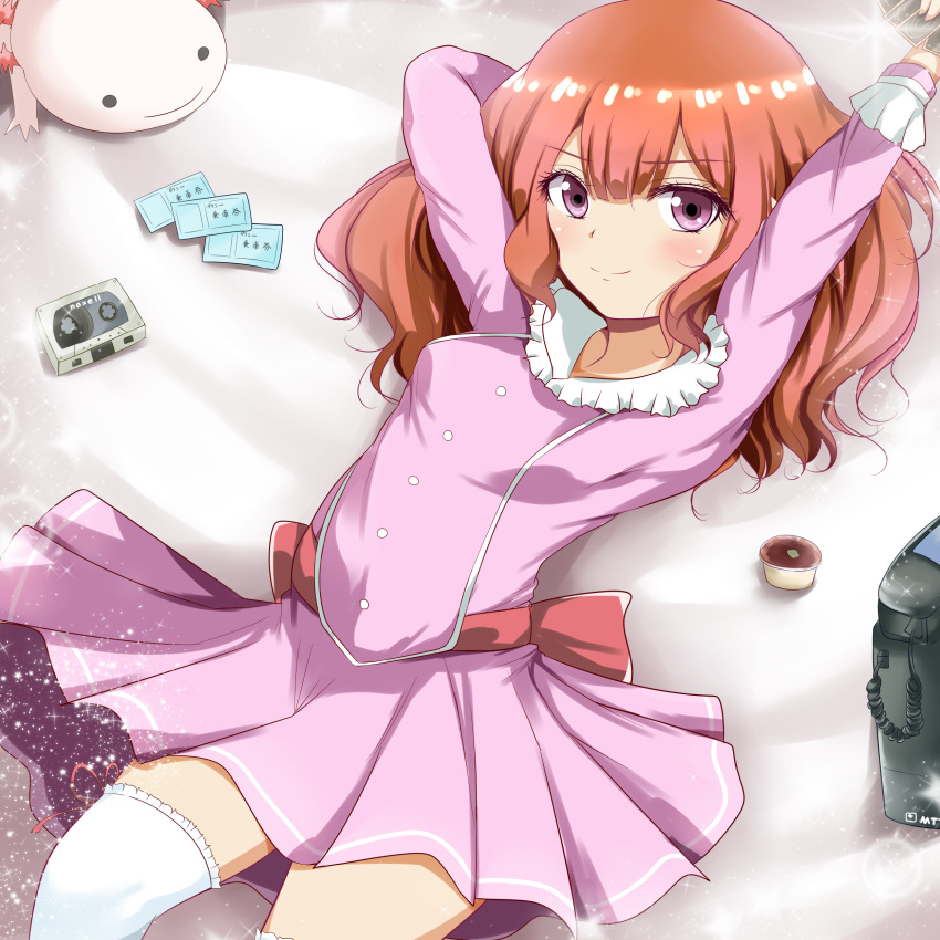 absurdres andrew_(duel_angel) arms_up atachi_mimi axolotl blush brown_hair cassette_tape female highres lying on_back pink_skirt purple_eyes skirt smile solo thighhighs ticket white_thighhighs yu-gi-oh! yu-gi-oh!_sevens