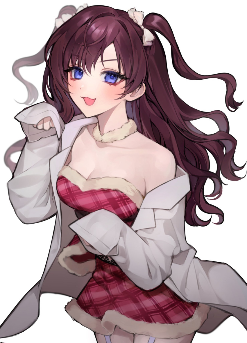 :3 :d bad_id bad_twitter_id bamme_o3o bare_shoulders blue_eyes breasts brown_hair collarbone cowboy_shot dress female fur-trimmed_dress fur_collar fur_trim garter_straps grey_jacket hair_ribbon highres ichinose_shiki idolmaster idolmaster_cinderella_girls jacket korean_commentary large_breasts long_hair long_sleeves looking_at_viewer off_shoulder open_mouth paw_pose plaid plaid_dress red_dress ribbon simple_background sleeves_past_wrists smile solo strapless strapless_dress two_side_up white_background white_ribbon