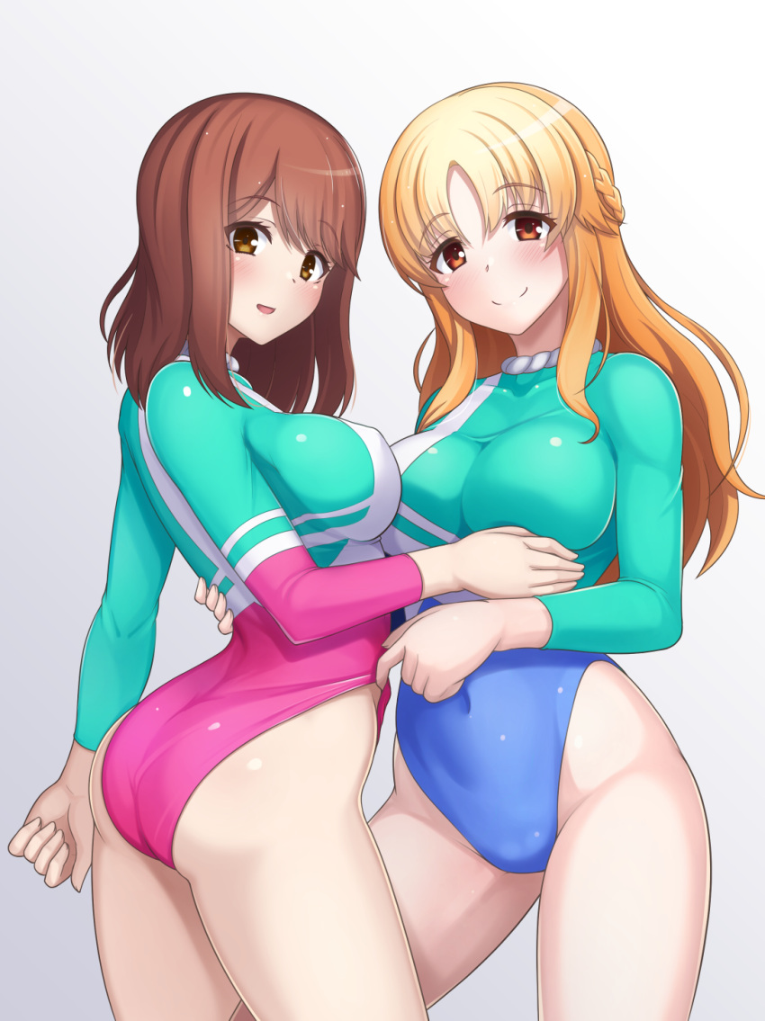 2girls adjusting_clothes adjusting_leotard alfort_(may0508) ass blonde_hair blush breasts brown_eyes brown_hair closed_mouth clothes_pull commentary_request commission covered_navel girlfriend_(kari) gradient_background grey_background highres large_breasts leotard leotard_pull long_hair looking_at_viewer multiple_girls open_mouth pixiv_commission sasahara_nonoka shiina_kokomi smile standing thighs