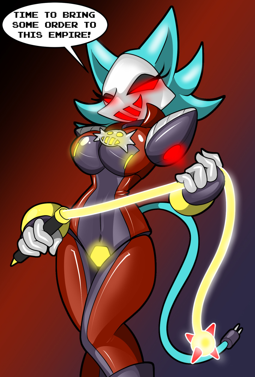 2023 4_fingers anthro big_breasts black_latex blue_body blue_hair bodysuit breasts cable_tail chaoscroc clothing corruption deltarune dialogue domestic_cat eggman_empire eggman_logo english_text eyelashes felid feline felis female fingers floating_hands glistening glistening_latex glowing glowing_eyes gradient_background hair half-closed_eyes hi_res holding_object holding_whip latex latex_clothing latex_skinsuit looking_at_viewer machine mammal multicolored_bodysuit multicolored_clothing multicolored_skinsuit narrowed_eyes red_eyes red_glow red_latex robot rubber_clothing sega simple_background skinsuit solo sonic_the_hedgehog_(series) speech_bubble standing tasque_manager text tight_clothing two_tone_bodysuit two_tone_clothing two_tone_skinsuit undertale_(series) whip