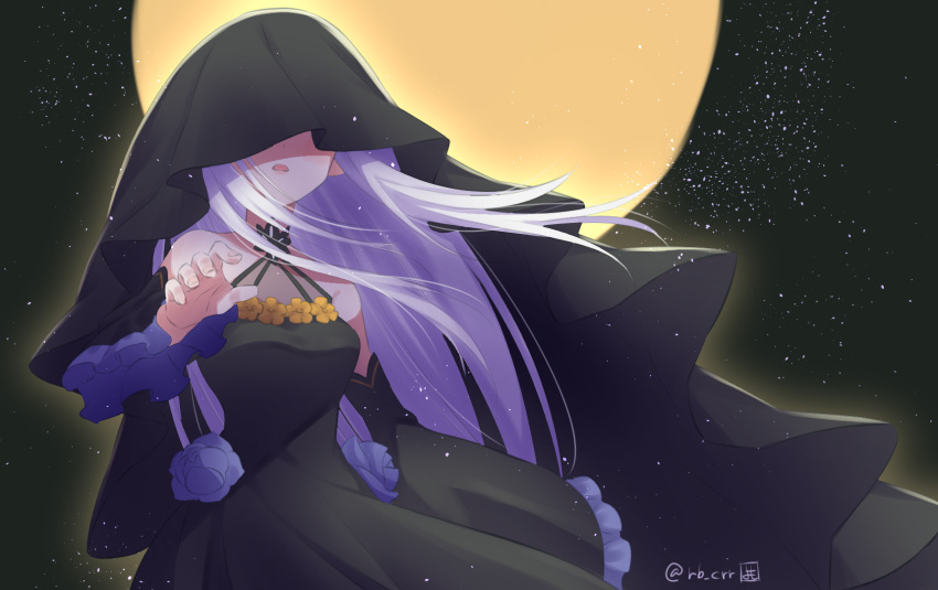 bare_shoulders detached_sleeves female frilled_sleeves frills full_moon highres long_hair moon night night_sky parted_lips re:zero_kara_hajimeru_isekai_seikatsu satella_(re:zero) sky solo veil veil_over_eyes white_hair yomo_(rb_crr)