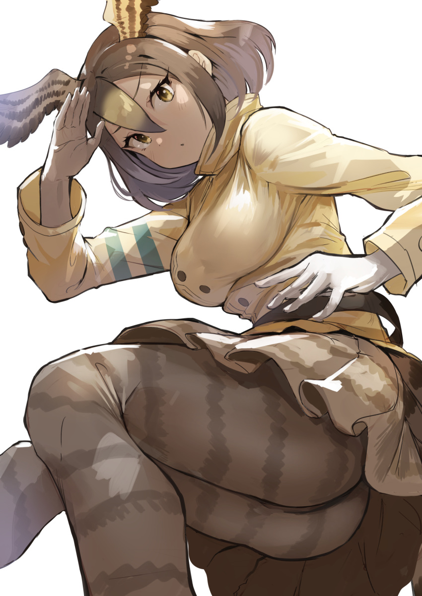 :< arm_up ass belt bird_wings breasts brown_hair brown_pantyhose brown_skirt buttons chestnut_mouth commentary female from_below hair_between_eyes head_wings highres jacket kemono_friends knees_together_feet_apart koruse long_sleeves looking_at_viewer medium_breasts medium_hair pantyhose peregrine_falcon_(kemono_friends) peregrine_falcon_(kemono_friends)_(old_design) print_pantyhose simple_background skirt solo spread_wings striped_sleeves upskirt white_background wings yellow_eyes yellow_jacket