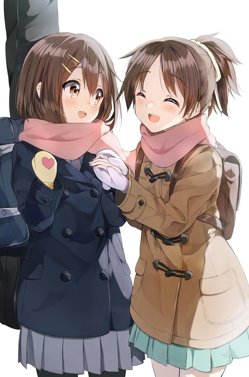 2girls :d ^_^ absurdres aqua_skirt backpack bag black_pantyhose blue_bag blue_coat blue_ribbon blush brown_bag brown_coat brown_eyes brown_hair buttons closed_eyes coat commentary cowboy_shot double-breasted duffel_coat facing_another grey_skirt guitar_case hair_between_eyes hair_ornament hairclip heart heart_print highres hirasawa_ui hirasawa_yui instrument_case k-on! long_sleeves looking_at_another miniskirt mittens multiple_girls neck_ribbon open_mouth pantyhose parted_bangs pentagon_(railgun_ky1206) pink_scarf pleated_skirt purple_mittens ribbon scarf school_bag school_uniform shirt short_hair short_ponytail siblings simple_background single_mitten sisters skirt smile teeth upper_teeth_only white_background white_shirt winter_clothes yellow_mittens