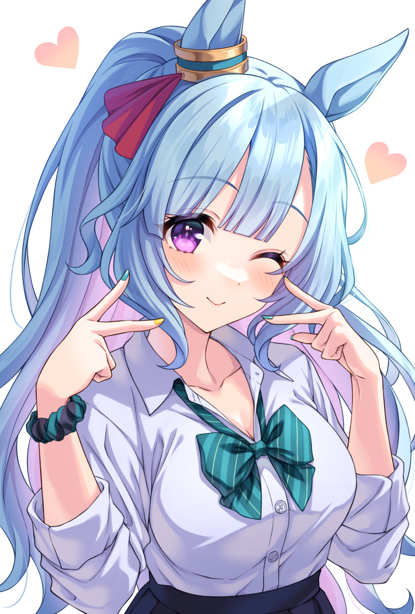 ;) animal_ears black_skirt blue_hair blue_nails blush bow bowtie breasts cleavage closed_mouth collared_shirt commentary diagonal-striped_bow diagonal_stripes double_v dress_shirt female green_bow gyaru hands_up heart highres horse_ears horse_girl kogal long_hair long_sleeves looking_at_viewer loose_bowtie medium_breasts mejiro_ardan_(umamusume) multicolored_nails nail_polish one_eye_closed pink_hair pleated_skirt ponytail popped_collar purple_eyes school_uniform scrunchie shirt shirt_tucked_in sidelocks simple_background skirt sleeves_rolled_up smile solo striped tomo_(tmtm_mf_mf) umamusume v very_long_hair white_background white_shirt wrist_scrunchie yellow_nails