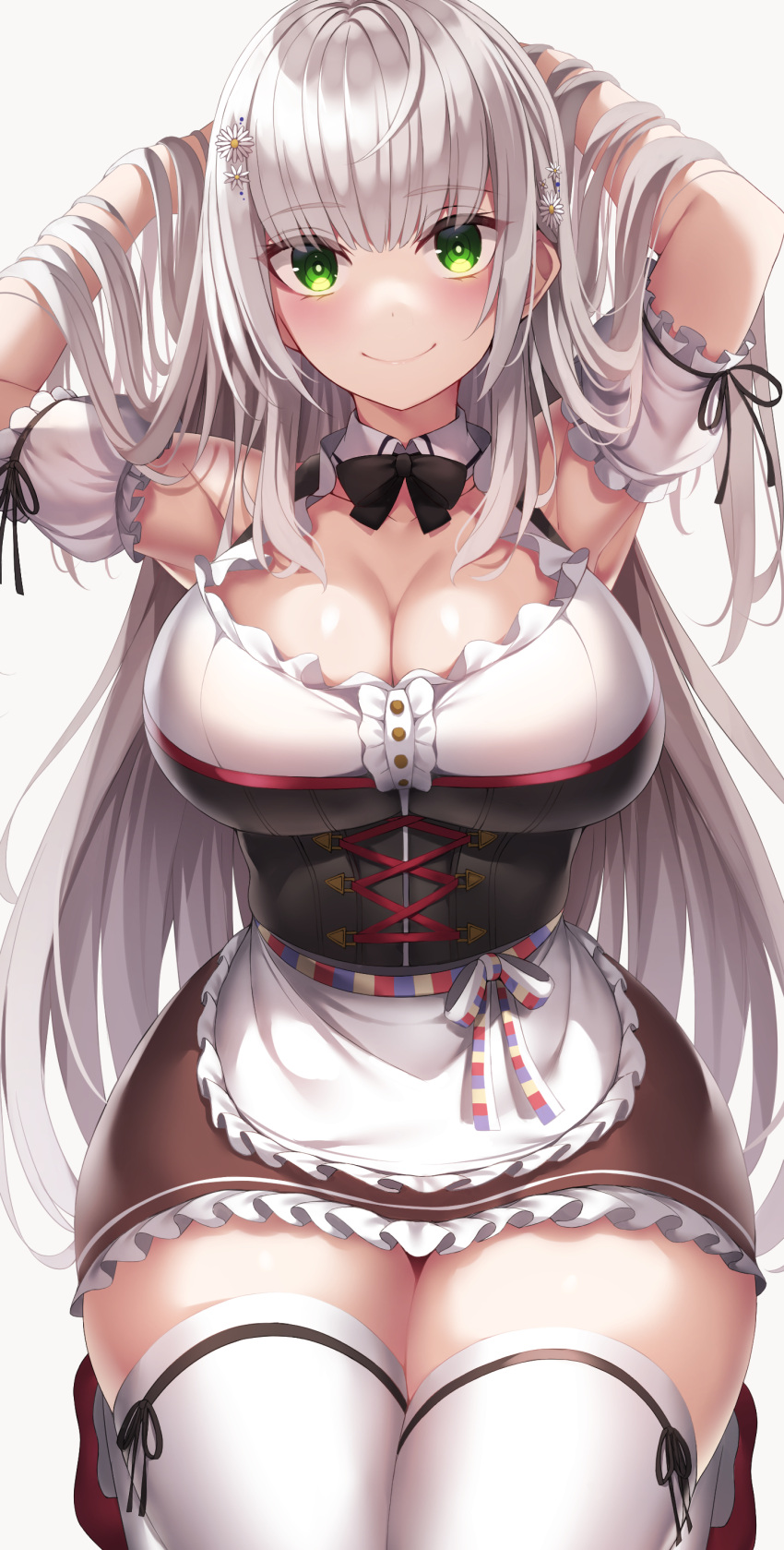 absurdres bad_id bad_twitter_id blush breasts cleavage female green_eyes grey_hair highres hololive large_breasts long_hair looking_at_viewer nano_(syoutamho) official_alternate_costume official_alternate_hair_length official_alternate_hairstyle shirogane_noel shirogane_noel_(dirndl) smile solo thighhighs thighs very_long_hair virtual_youtuber white_thighhighs