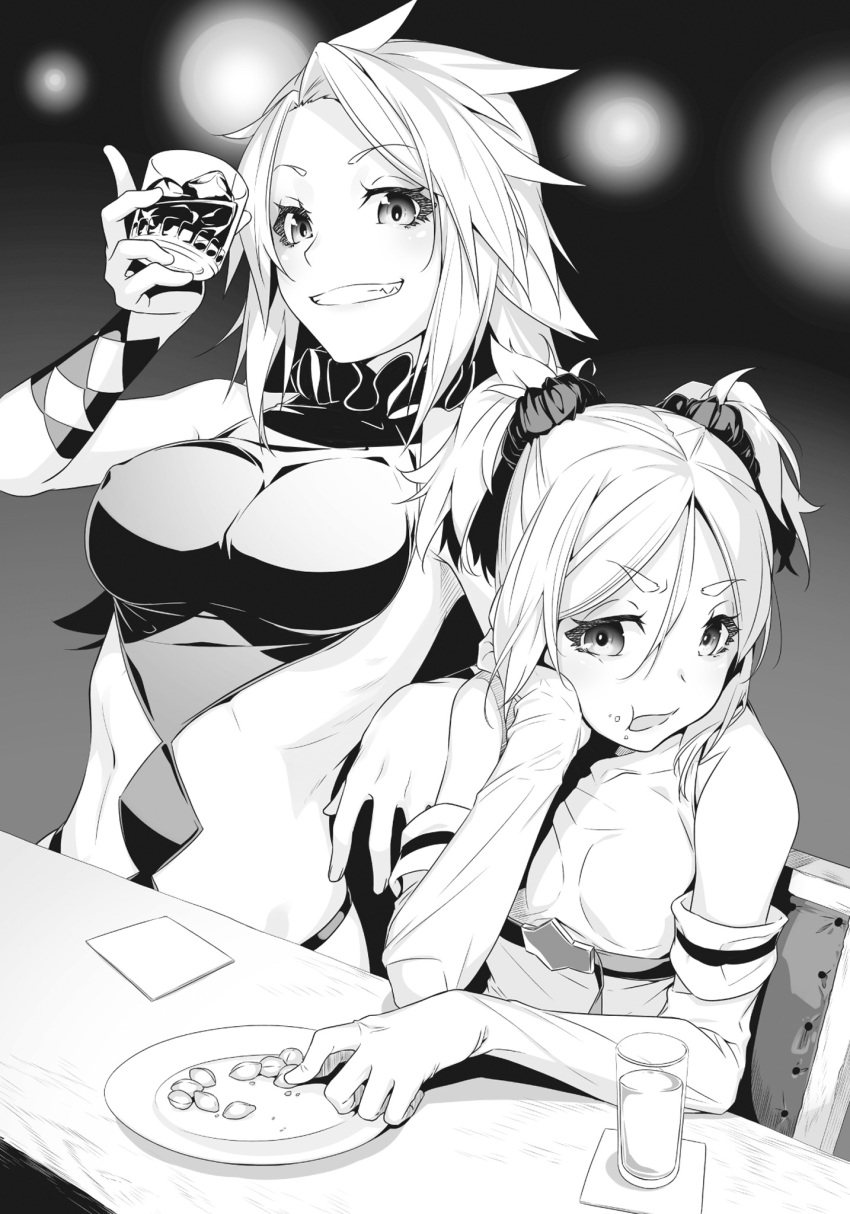 2girls ashuna_grisarika backless_dress backless_outfit breasts clothing_cutout culottes diamond_cutout dress eating elbow_gloves glass gloves greyscale hair_ribbon highres large_breasts long_hair looking_to_the_side momo_(virgin_road) monochrome multiple_girls nilitsu novel_illustration official_art ribbon shokei_shoujo_no_virgin_road smile stomach_cutout third-party_source turtleneck turtleneck_dress twintails