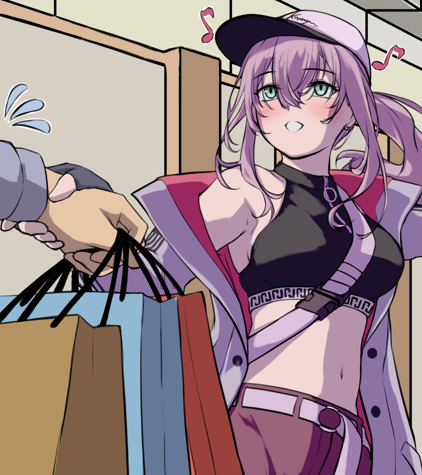 1boy 3_small_spiders aqua_eyes ar-57_(girls'_frontline) bag black_tank_top blush breasts crop_top earrings female girls'_frontline hand_grab highres holding holding_bag jacket jewelry long_hair looking_away medium_breasts musical_note navel open_clothes open_jacket open_mouth purple_eyes tank_top upper_body white_headwear white_jacket