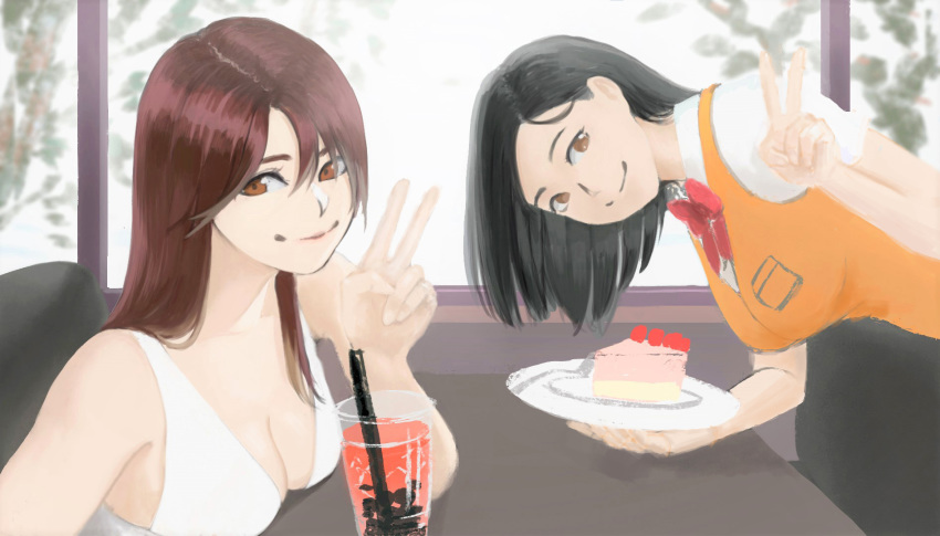 2girls agent_aika aika_(series) alternate_costume azelweien bad_id bad_pixiv_id bench black_delmo black_hair blue_delmo breast_pocket breasts brown_eyes bubble_tea cake cleavage closed_mouth collarbone commentary cup drinking_straw english_commentary food highres holding holding_plate indoors long_hair looking_at_viewer medium_breasts multiple_girls naomi_(agent_aika) neck_ribbon orange_vest photoshop_(medium) plate pocket red_hair red_ribbon ribbon shirt short_hair table traditional_media uniform upper_body v vest waitress_delmo white_shirt window