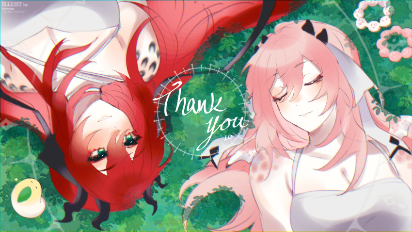 2girls artist_name atelier_live blush breasts cleavage closed_eyes commentary dragon_girl dragon_horns dress dual_persona english_commentary eyeliner green_eyes highres horns kuzuryu_io lying makeup medium_breasts multiple_girls on_back red_eyeliner red_hair smile tetetier thank_you upside-down virtual_youtuber watermark white_dress