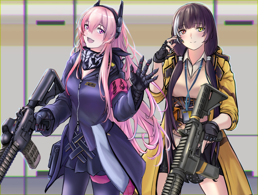 2girls 3_small_spiders assault_rifle black_gloves black_jacket black_legwear black_scarf black_skirt blush breasts brown_hair brown_vest closed_mouth colt_9mm_smg feet_out_of_frame fingerless_gloves girls'_frontline gloves gun hair_ornament hairclip hand_up headphones heterochromia highres holding holding_gun holding_weapon jacket long_hair looking_at_viewer m4_carbine m4_sopmod_ii m4_sopmod_ii_(girls'_frontline) multicolored_hair multiple_girls open_clothes open_jacket open_mouth pantyhose pink_eyes pink_hair red_eyes rifle ro635_(girls'_frontline) scarf shirt simple_background skirt smile standing vest weapon white_shirt yellow_eyes yellow_jacket