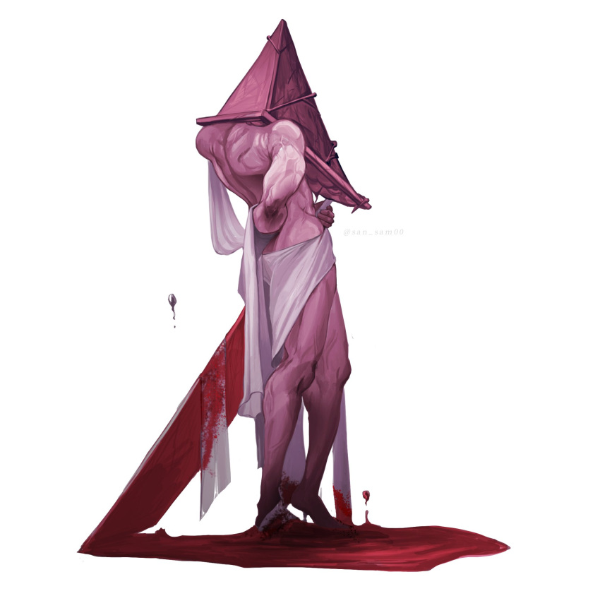 1boy artist_name blood blood_on_clothes blood_on_feet blood_on_ground blood_on_weapon caad014 facing_away full_body greatsword highres holding holding_sword holding_weapon instagram_username male_focus naked_towel object_head pyramid_head silent_hill_(series) solo standing sword toned toned_male towel weapon white_background