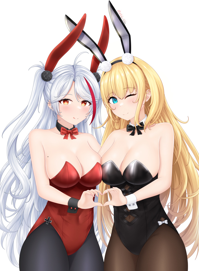 2girls absurdres alternate_costume azur_lane bow bowtie breasts center_opening cleavage cowboy_shot cross english_commentary heart heart_hands heart_hands_duo highres iron_cross large_breasts leotard long_hair looking_at_viewer multiple_girls nights_viper north_carolina_(azur_lane) north_carolina_(the_heart's_desire)_(azur_lane) official_alternate_costume pantyhose playboy_bunny prinz_eugen_(azur_lane) simple_background strapless strapless_leotard white_background wrist_cuffs