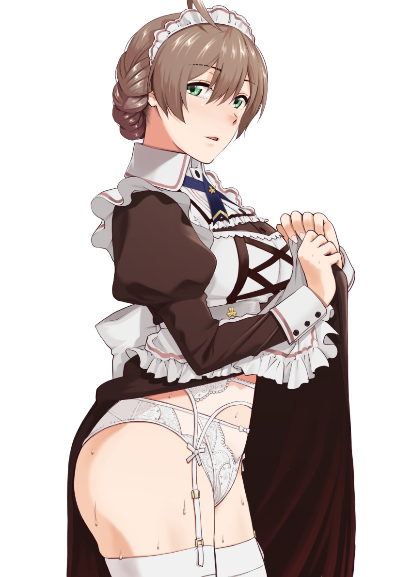 ahoge apron braid clothes_lift commentary_request female garter_belt green_eyes highres humiyou idolmaster idolmaster_million_live! idolmaster_million_live!_theater_days juliet_sleeves light_brown_hair long_sleeves looking_at_viewer looking_to_the_side maid maid_headdress panties puffy_sleeves sakuramori_kaori short_hair skirt skirt_lift solo sweat thighhighs tied_hair underwear white_background white_panties white_thighhighs