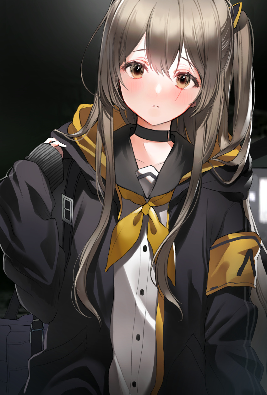 2sham absurdres bag bangs black_choker black_jacket black_sailor_collar blush brown_eyes brown_hair brown_neckwear choker closed_mouth commentary dress_shirt eyebrows_behind_hair female girls_frontline hair_between_eyes hand_up highres hood hood_down hooded_jacket jacket long_hair long_sleeves looking_at_viewer neckerchief night night_sky one_side_up open_clothes open_jacket outdoors puffy_long_sleeves puffy_sleeves sailor_collar scar scar_across_eye school_bag school_uniform serafuku shirt sky sleeves_past_wrists solo ump45_(girls_frontline) very_long_hair white_shirt