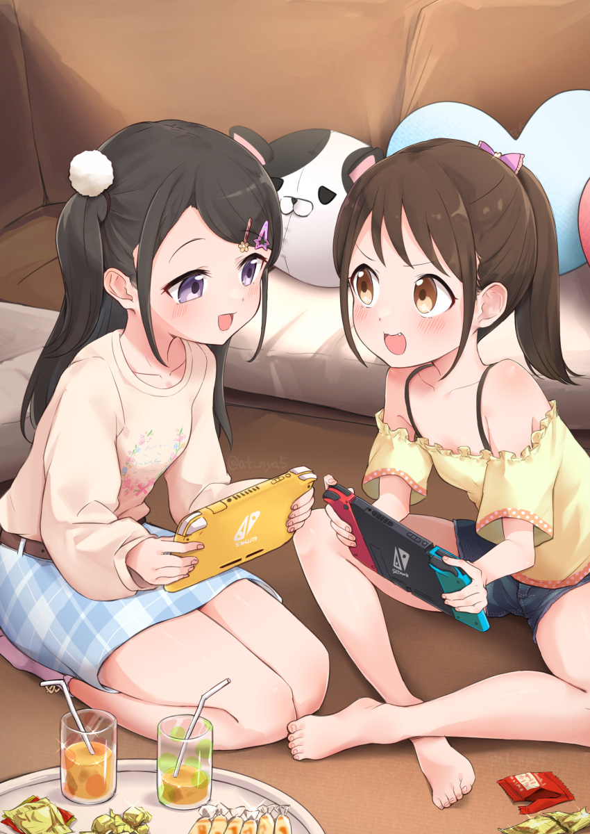 2girls absurdres barefoot belt black_hair blue_skirt blush brown_eyes brown_hair crossed_legs cup denim denim_shorts drinking_glass drinking_straw eye_contact face-to-face feet food hair_ornament hairclip highres indoors legs lolicon long_hair long_sleeves looking_at_another multiple_girls nintendo_switch nintendo_switch_lite oerba_yun_fang okura-chan_(at_nya5) open_mouth original pink_eyes plaid plaid_skirt playing_games ponytail shirt short_shorts short_sleeves shorts side_ponytail sitting skirt smile stuffed_toy thighs toes tray white_shirt yellow_shirt