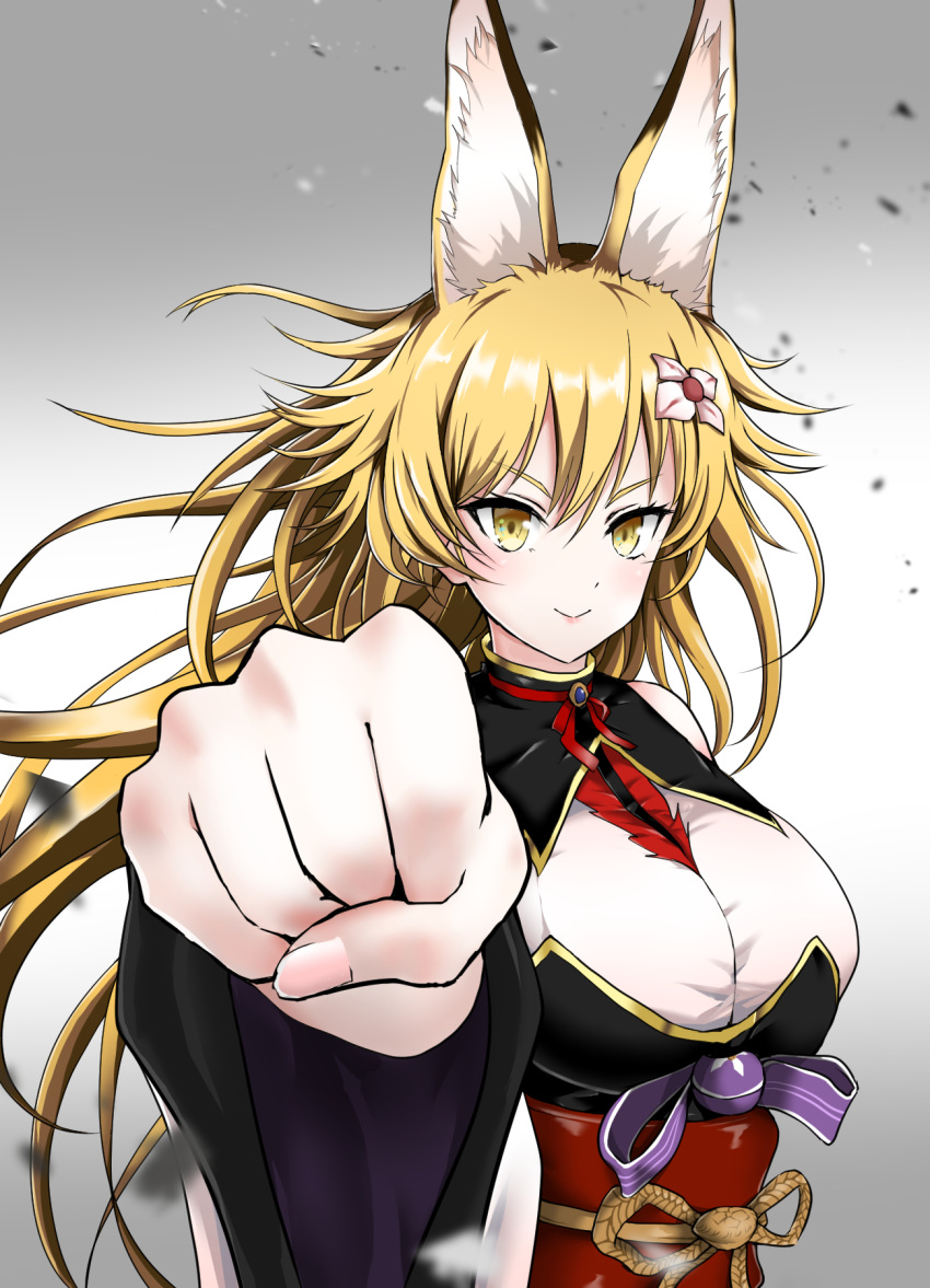 animal_ear_fluff azur_lane bad_id bad_pixiv_id blonde_hair breasts clenched_hand female flower gradient_background grey_background hair_flower hair_ornament highres hokkaidonder large_breasts long_hair looking_at_viewer red_sash sash sendai_(azur_lane) solo white_background wide_sleeves yellow_eyes