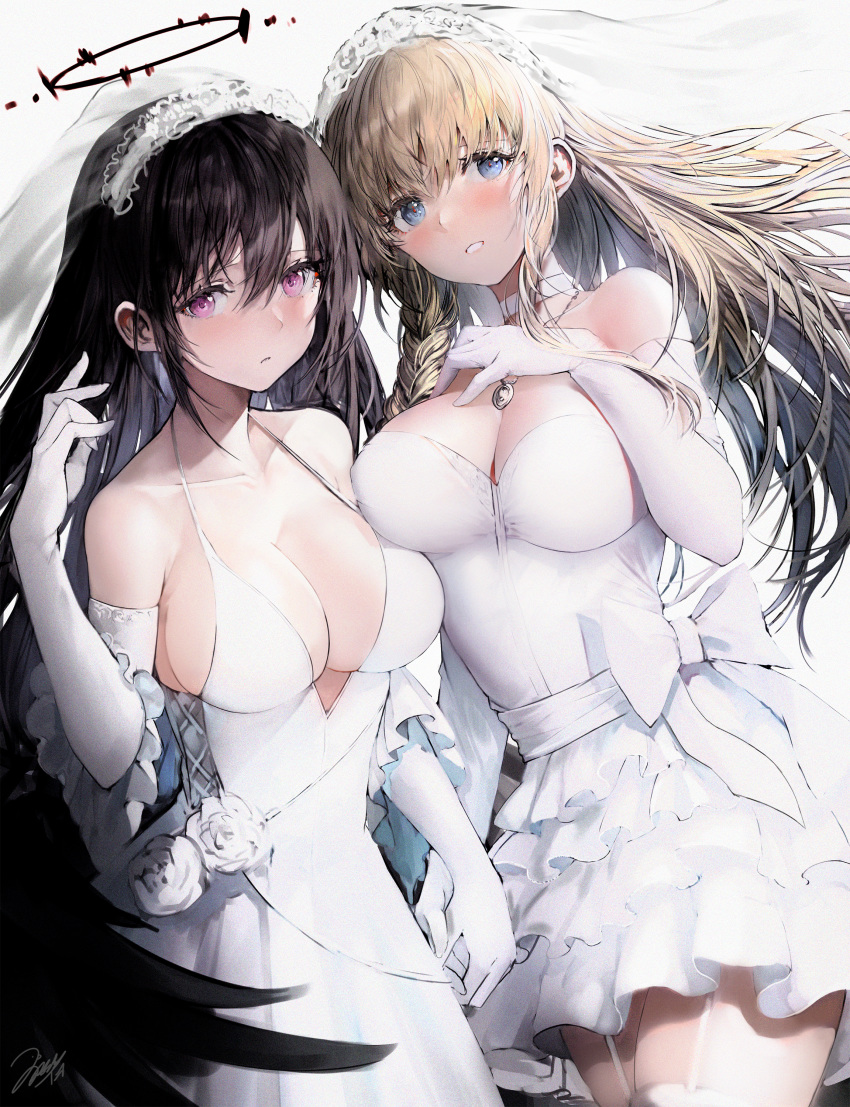 2girls absurdres bare_shoulders black_hair black_halo blonde_hair blue_eyes blush braid breasts bridal_veil bride choker cleavage closed_mouth collarbone commentary_request cowboy_shot dark_halo dress elbow_gloves expressionless fanbox_reward flower garter_straps gloves halo halter_dress halterneck hand_on_own_chest haori_io highres holding_hands jewelry large_breasts layered_dress light_smile multiple_girls necklace original paid_reward parted_lips pink_eyes purple_eyes rose see-through side_braid signature sleeveless sleeveless_dress smile strapless strapless_dress thighhighs veil wedding_dress white_choker white_dress white_flower white_garter_straps white_gloves white_rose white_thighhighs white_veil zettai_ryouiki