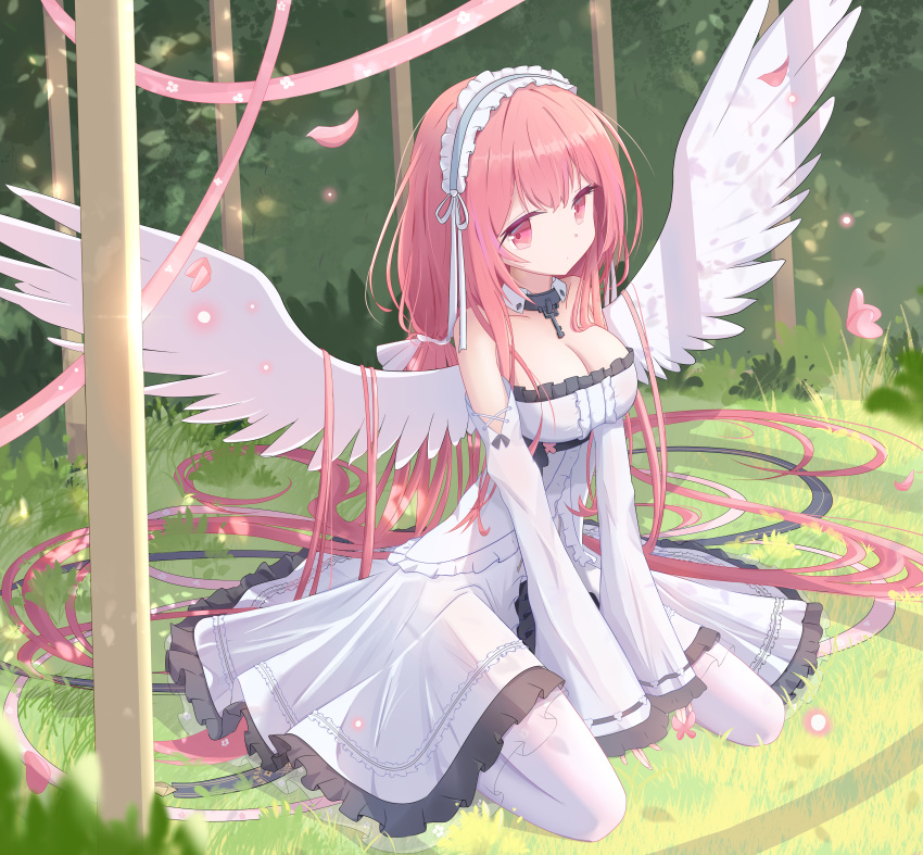 absurdres azur_lane bad_id bad_pixiv_id bare_shoulders breasts bush chinese_commentary cleavage closed_mouth commentary detached_sleeves dress english_commentary expressionless falling_petals feathered_wings female frilled_hairband frills grass grey_hairband hair_spread_out hairband highres large_breasts long_hair looking_at_viewer mixed-language_commentary nicknameokupied outdoors pantyhose perseus_(azur_lane) petals pink_eyes pink_hair sitting solo very_long_hair white_dress white_pantyhose white_sleeves white_wings wings