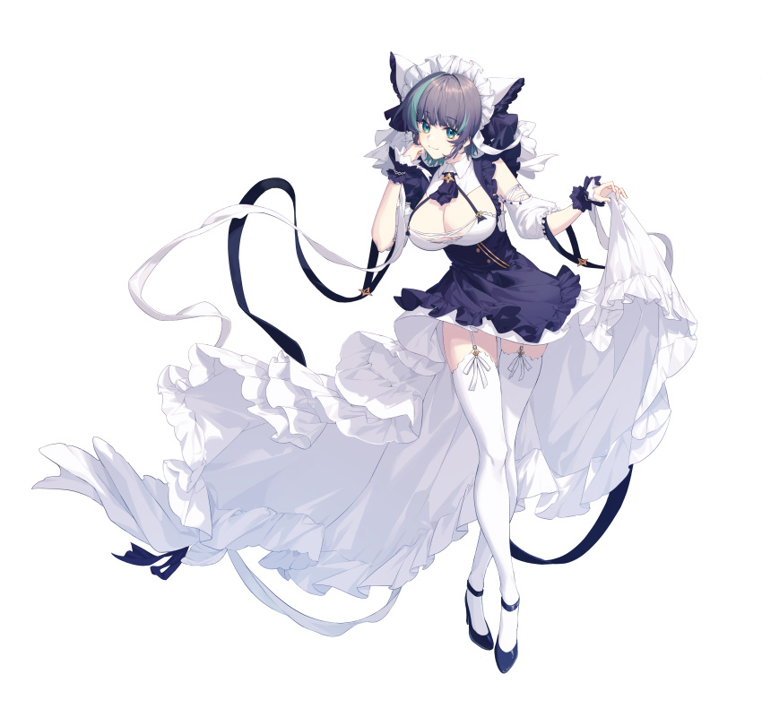 :3 absurdres aqua_eyes aqua_hair azur_lane black_dress black_footwear black_hair black_neckwear breasts cheshire_(azur_lane) chinese_commentary cleavage closed_mouth commentary_request detached_sleeves dress ear_covers female frilled_sleeves frills full_body garter_straps hand_on_own_cheek hand_on_own_face high_heels highres holding idass_(idass16) large_breasts leaning_forward looking_at_viewer maid_headdress multicolored_hair partial_commentary puffy_short_sleeves puffy_sleeves short_hair short_sleeves simple_background smile solo standing thigh_gap thighhighs two-tone_hair underbust waist_cape white_background white_thighhighs wrist_cuffs zettai_ryouiki