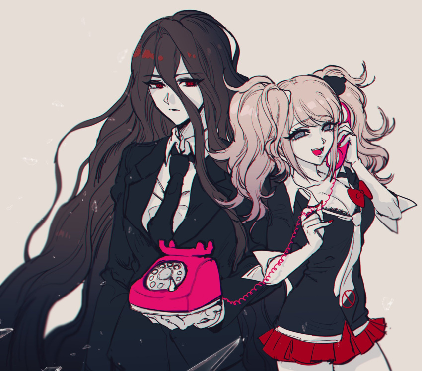 1boy :d bear_hair_ornament black_hair black_jacket black_necktie breasts brown_hair cleavage collared_shirt commentary_request danganronpa:_trigger_happy_havoc danganronpa_(series) danganronpa_2:_goodbye_despair enoshima_junko female formal grey_background gwanlamcha hair_between_eyes hair_ornament highres holding jacket kamukura_izuru korean_commentary large_breasts long_hair long_sleeves looking_at_viewer loose_necktie miniskirt nail_polish necktie open_mouth pale_skin phone pleated_skirt red_eyes red_nails red_skirt ribbon school_uniform shirt simple_background skirt sleeves_rolled_up smile suit twintails upper_body very_long_hair white_necktie white_shirt