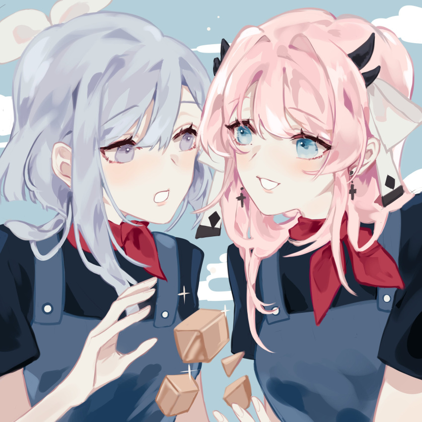 2girls absurdres atelier_live black_shirt blue_dress blue_eyes blue_hair cross cross_earrings dress earrings english_commentary hair_behind_ear hair_ribbon highres indie_virtual_youtuber jewelry kuzuryu_io looking_at_another mantou_rei mantou_rei_(artist) multiple_girls open_hand parted_lips pink_hair purple_eyes ribbon shirt smile virtual_youtuber white_ribbon