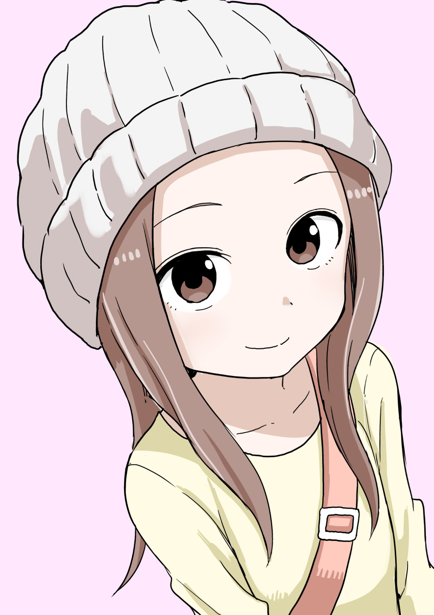 absurdres beanie brown_eyes brown_hair closed_mouth commentary_request female forehead hat highres inaba_mifumi karakai_jouzu_no_takagi-san long_hair long_sleeves looking_at_viewer pink_background shirt simple_background smile solo takagi-san upper_body white_hat yellow_shirt