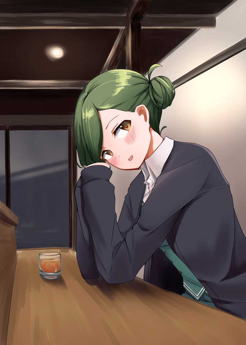 absurdres akinoji_(akiponpon27) alcohol blush brown_eyes cup drinking_glass elbows_on_table female green_hair hair_bun highres idolmaster idolmaster_shiny_colors indoors long_sleeves nanakusa_hazuki office_lady short_hair shot_glass single_hair_bun sitting solo