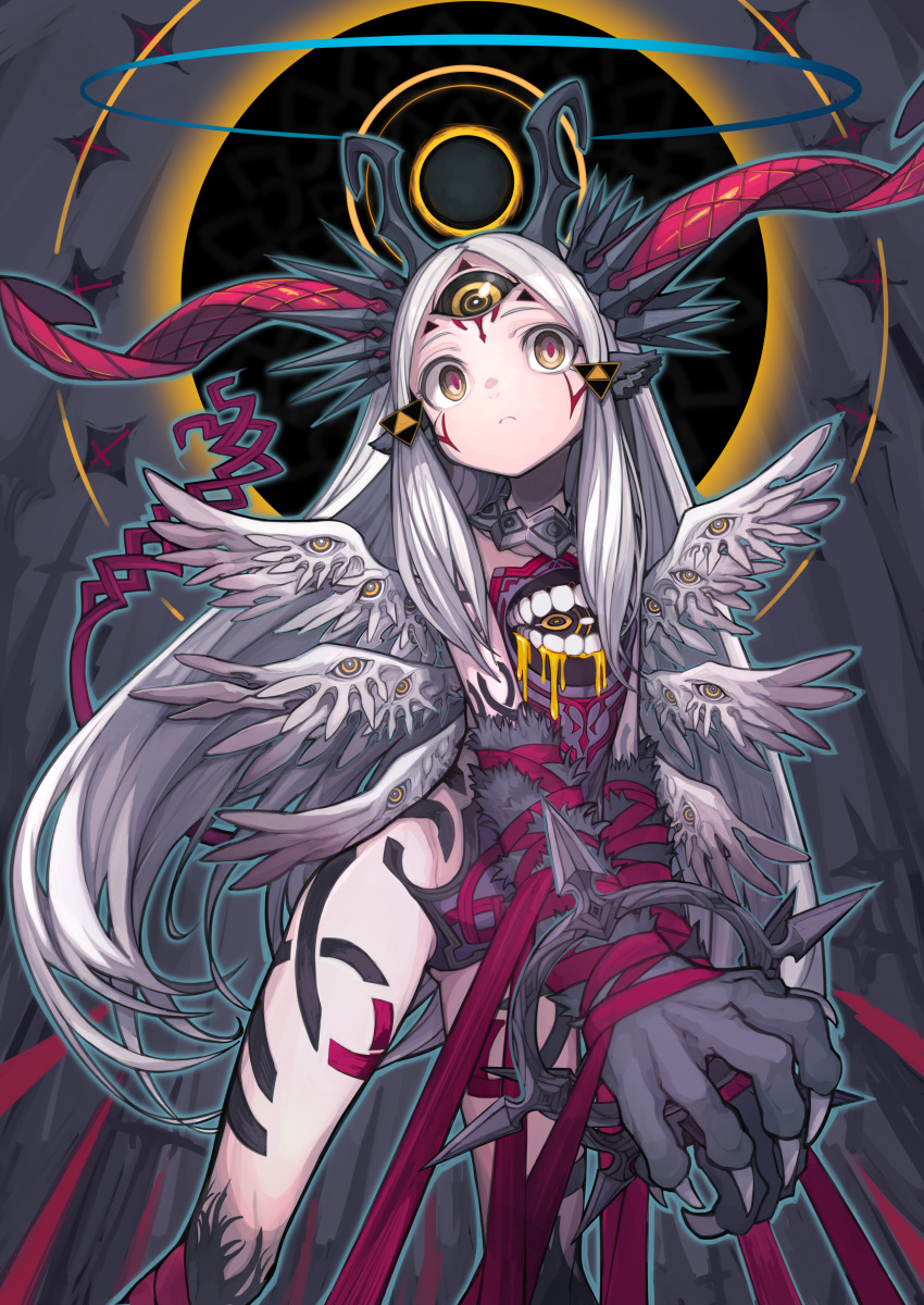 absurdres animal_ears ass_visible_through_thighs chest_mouth claws closed_mouth extra_mouth female frown grey_background grey_hair head_tilt highres horns izayoi_cha long_hair looking_at_viewer multiple_wings original red_ribbon ribbon solo standing third_eye wings yellow_eyes