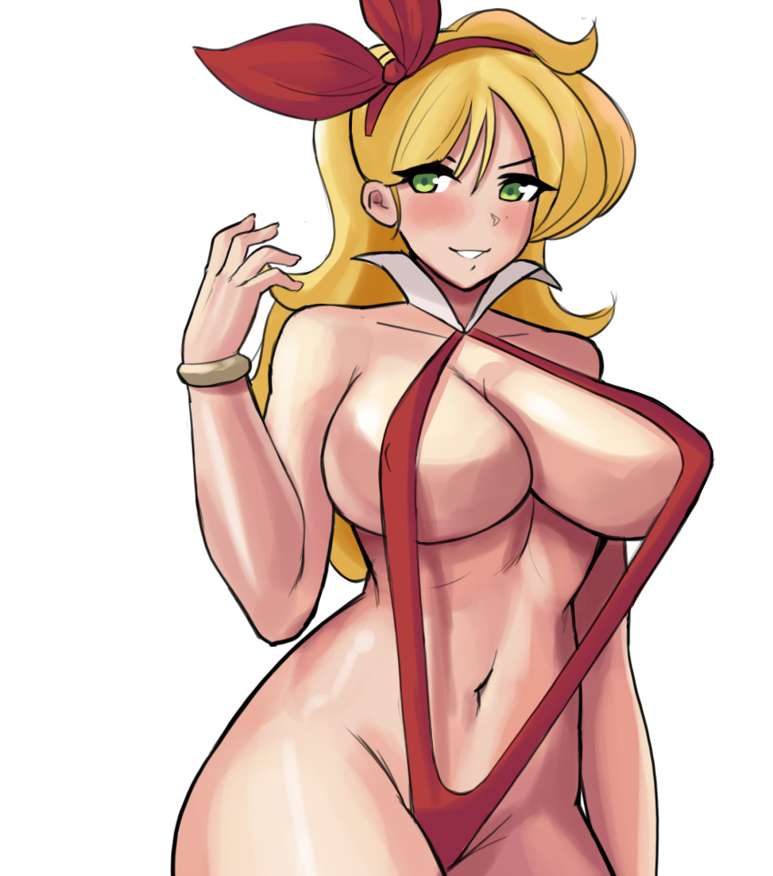 blonde_hair blush bracelet breasts cosplay curly_hair donburi_(donburikazoku) dragon_ball female green_eyes hair_ornament hairband highres jewelry large_breasts long_hair looking_at_viewer lunch_(bad)_(dragon_ball) lunch_(dragon_ball) navel simple_background slingshot_swimsuit smile solo standing swimsuit vampirella vampirella_(character) vampirella_(character)_(cosplay) white_background