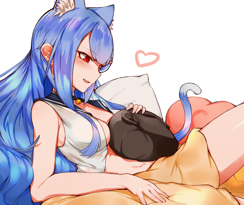 absurdres animal_ear_fluff animal_ears asmr binaural_microphone blue_hair breasts cat_ears cat_girl cat_tail choumi_wuti_(xueye_fanmang_zhong) dummy female heart highres long_hair md5_mismatch medium_breasts microphone neumann_ku_100 plivyou red_eyes school_uniform serafuku shikai_yue smile solo tail virtual_youtuber white_background