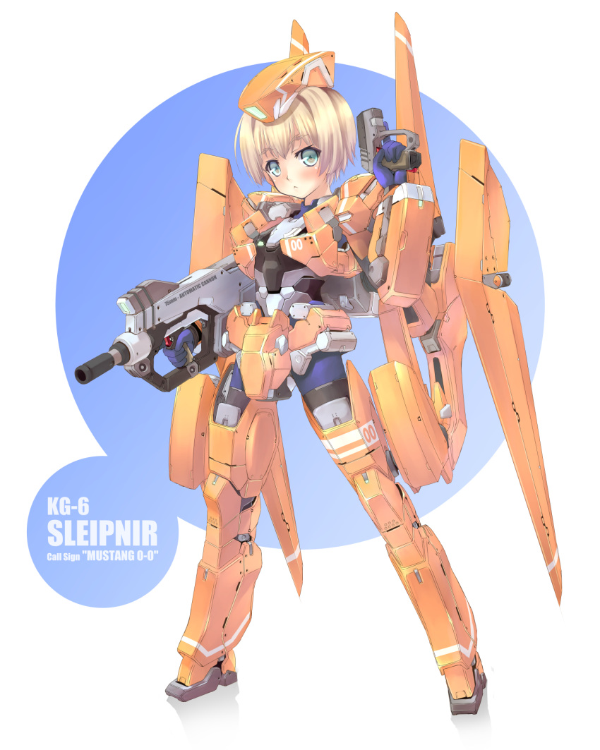 aldnoah.zero blonde_hair blue_eyes character_name dual_wielding female gun handgun highres holding holding_gun holding_weapon humanization kg-6_sleipnir machinery mao_(6r) science_fiction solo submachine_gun weapon