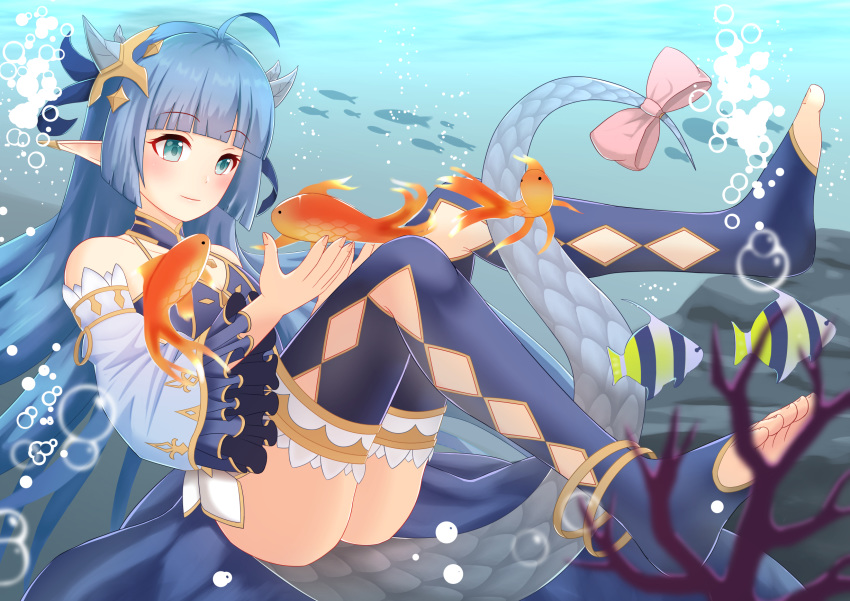 ass bare_shoulders blue_dress blue_eyes blue_hair blush detached_sleeves dragon_girl dragon_horns dragon_tail dress female fish highres horns king's_raid lilia_(king's_raid) long_hair lunarscent pointy_ears smile solo tail thighhighs toeless_legwear underwater very_long_hair water