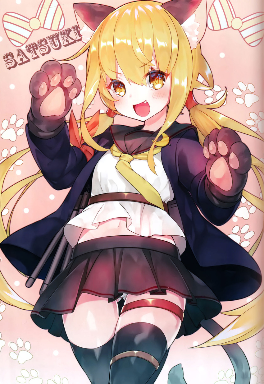 animal_ears black_legwear black_serafuku blonde_hair blue_jacket blush cat_ears cat_paws cat_tail character_name crescent crescent_hair_ornament crescent_moon_pin eyebrows_visible_through_hair female hair_between_eyes hair_ornament highres jacket kantai_collection long_hair long_sleeves looking_at_viewer low_twintails navel necktie oerba_yun_fang open_mouth panties pantyshot pantyshot_(standing) paws remodel_(kantai_collection) satsuki_(kantai_collection) scan school_uniform serafuku smile solo standing suzuho_hotaru tail thigh_strap thighhighs twintails twitter_username underwear white_panties yellow_eyes yellow_neckwear