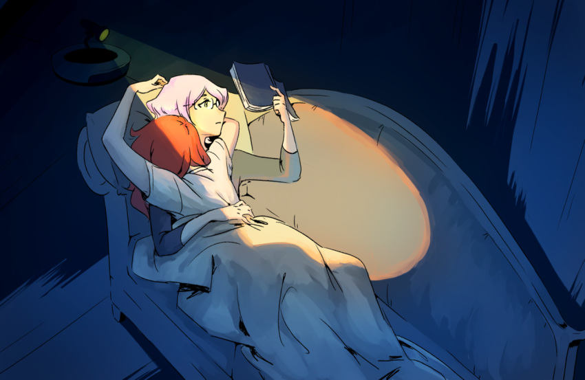 2girls artist_request book couch couple croix_meridies dark glasses hug lamp light little_witch_academia lying multiple_girls night purple_hair reading red_hair shiny_chariot sleeping ursula_charistes yuri