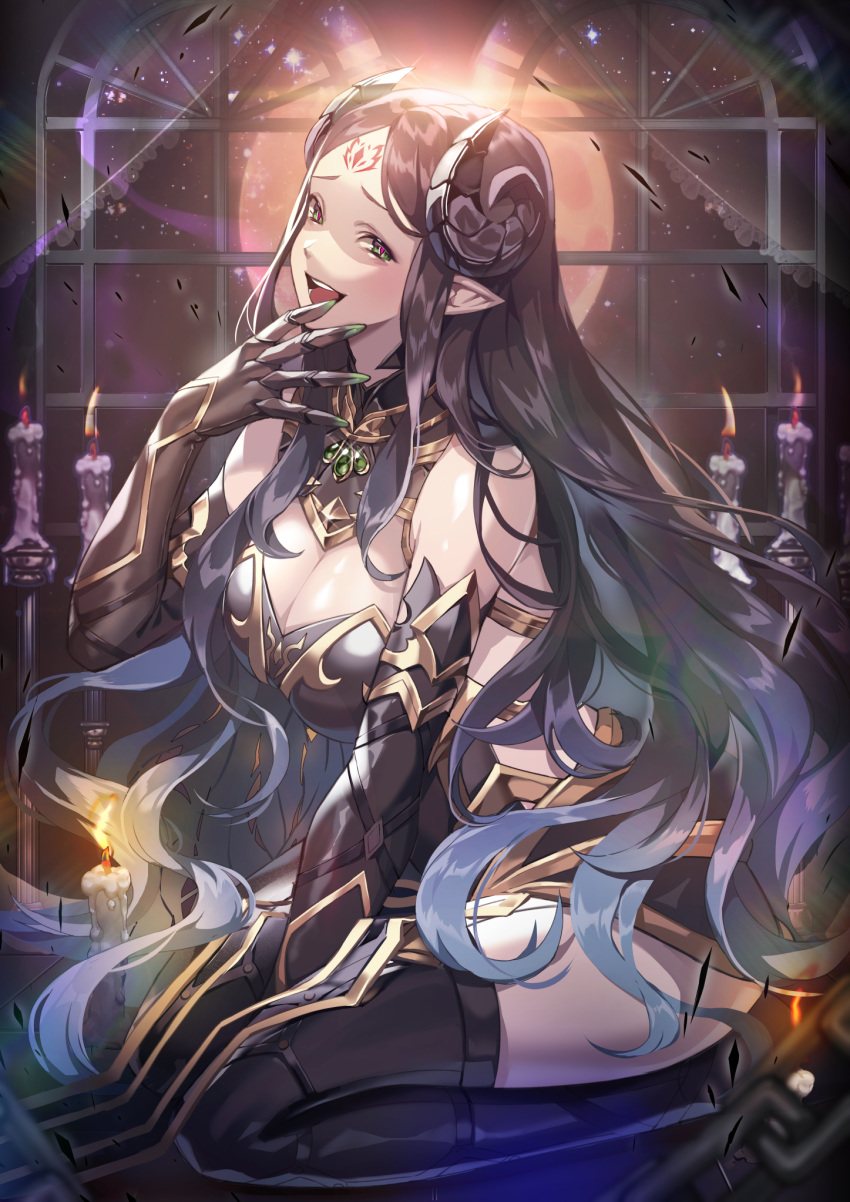 between_legs black_hair black_thighhighs breasts candle candlelight chains cleavage commentary_request detached_sleeves facial_mark female forehead_mark gem gold_trim green_eyes hand_between_legs highres horns king's_raid large_breasts long_hair looking_at_viewer moon open_mouth parted_bangs pointy_ears purple_pupils shamilla sitting solo teeth thighhighs tongue upper_teeth_only very_long_hair window zzebra