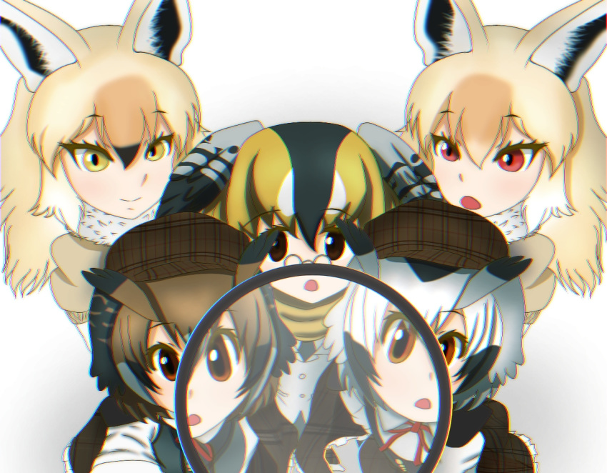 2018 alulu_(kemono_friends) animal_humanoid aritz assistant_mimi-chan avian avian_humanoid biped bird bird_humanoid black_body black_feathers black_hair black_wings blonde_hair brown_body brown_clothing brown_eyes brown_feathers brown_hair canid canid_humanoid canine canine_humanoid chromatic_aberration clothing curious deerstalker_hat digital_drawing_(artwork) digital_media_(artwork) dress eyebrow_through_hair eyebrows eyelashes eyewear feathered_wings feathers female fur_trim_(clothing) glasses grey_body grey_feathers grey_wings group hair hat head_wings headgear headwear humanoid jackal_humanoid japanese kemono_friends kinko light light_body light_skin lighting long_hair looking_at_viewer magnifying_glass mammal mammal_humanoid multicolored_body multicolored_feathers multicolored_hair open_mouth owl_humanoid pattern_clothing picid picid_humanoid pince-nez plaid plaid_clothing professor_konoha red_eyes saramint scarf shadow short_hair simple_background smile soft_focus stare sweater sweater_vest tan_body tan_skin topwear translucent translucent_hair two_tone_body two_tone_feathers two_tone_hair two_tone_wings vest white_background white_body white_feathers white_hair wings yellow_eyes