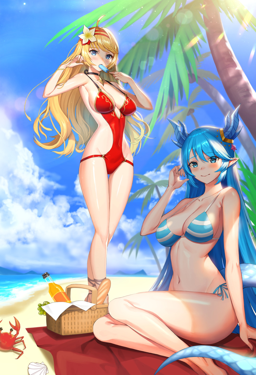 2girls absurdres ahoge alternate_costume artemia_(king's_raid) bad_id bad_pixiv_id bare_shoulders beach beach_mat bikini blonde_hair blue_bikini blue_eyes blue_hair blue_sky blush breasts cleavage cloud collarbone commentary covered_navel crab day dragon_girl dragon_horns dragon_tail flower food food_in_mouth full_body groin hair_flower hair_ornament hairband highres holding holding_food horns king's_raid laias_(king's_raid) large_breasts long_hair looking_at_viewer multiple_girls navel ocean one-piece_swimsuit outdoors palm_tree pointy_ears popsicle popsicle_in_mouth red_one-piece_swimsuit revision sand shade side-tie_bikini_bottom sitting sky smile standing swimsuit tail tree very_long_hair wangjook_(wj) yokozuwari