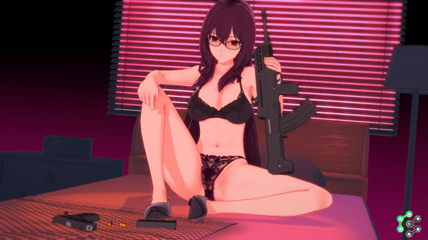 bra breasts fate/grand_order fate_(series) female gun illusion_soft indoors koikatsu koikatu large_breasts long_hair looking_at_viewer panties pubic_hair purple_bra purple_hair purple_panties qbz-97 scathach_(fate)_(all) smile solo underwear weapon