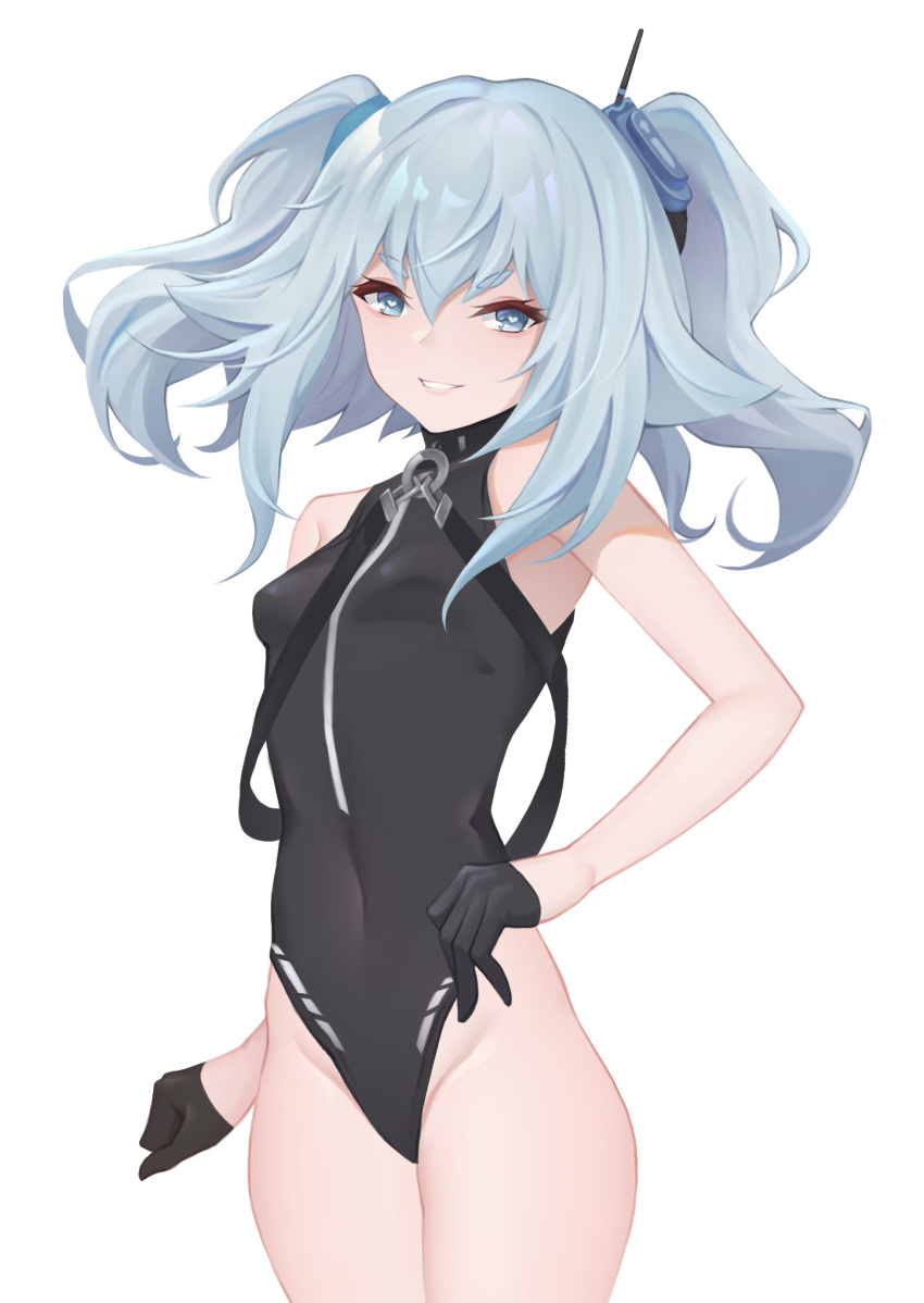 bare_shoulders black_leotard blue_hair blush breasts chinese_commentary clark_(159123) collarbone commentary covered_navel cowboy_shot female girls'_frontline gloves grin hair_between_eyes hair_ornament half_gloves heart heart-shaped_pupils highres leotard pa-15_(girls'_frontline) sidelocks small_breasts smile standing symbol-shaped_pupils