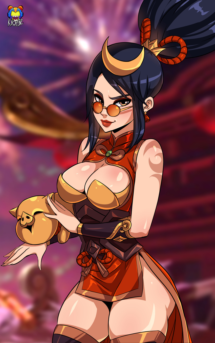 absurdres ass black_hair bracer breasts china_dress chinese_clothes chinese_new_year cleavage_cutout crescent dress ear eyebrows female firecracker_vayne glasses hair_ornament hair_tie highres kyoffie12 league_of_legends lipstick looking_at_viewer makeup medium_breasts microdress nose pelvic_curtain ponytail ribbon rope shauna_vayne signature skindentation solo thick_thighs thighhighs thighs tied_hair yellow_eyes