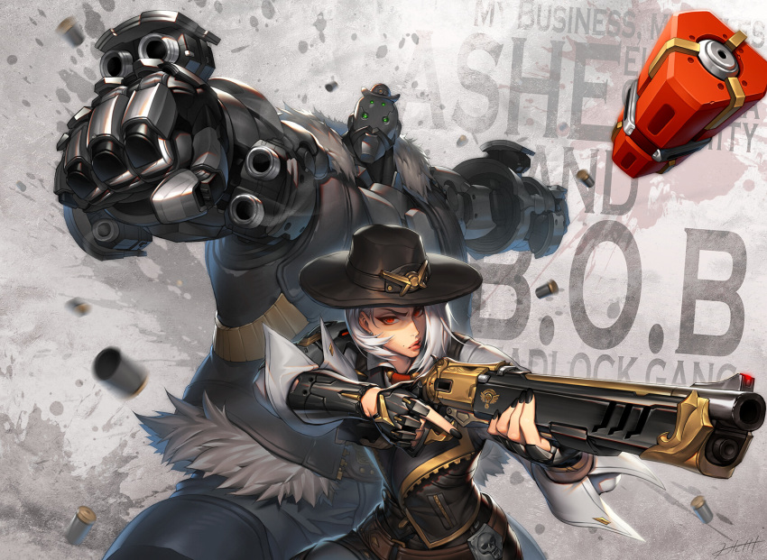 1boy aiming arm_cannon armor ashe_(overwatch) black_nails bob_(overwatch) bowler_hat character_name clenched_hands commentary cowboy_hat dynamite earrings explosive eyeliner facial_hair female fur_trim green_eyes gun hat height_difference hichi highres japanese_armor jewelry kote lever_action lips lipstick long_hair makeup mole mole_above_mouth moustache nail_polish necktie omnic overwatch overwatch_1 red_eyes red_lips red_necktie rifle robot shell_casing shirt short_hair signature sleeves_pushed_up trigger_discipline weapon white_hair white_shirt