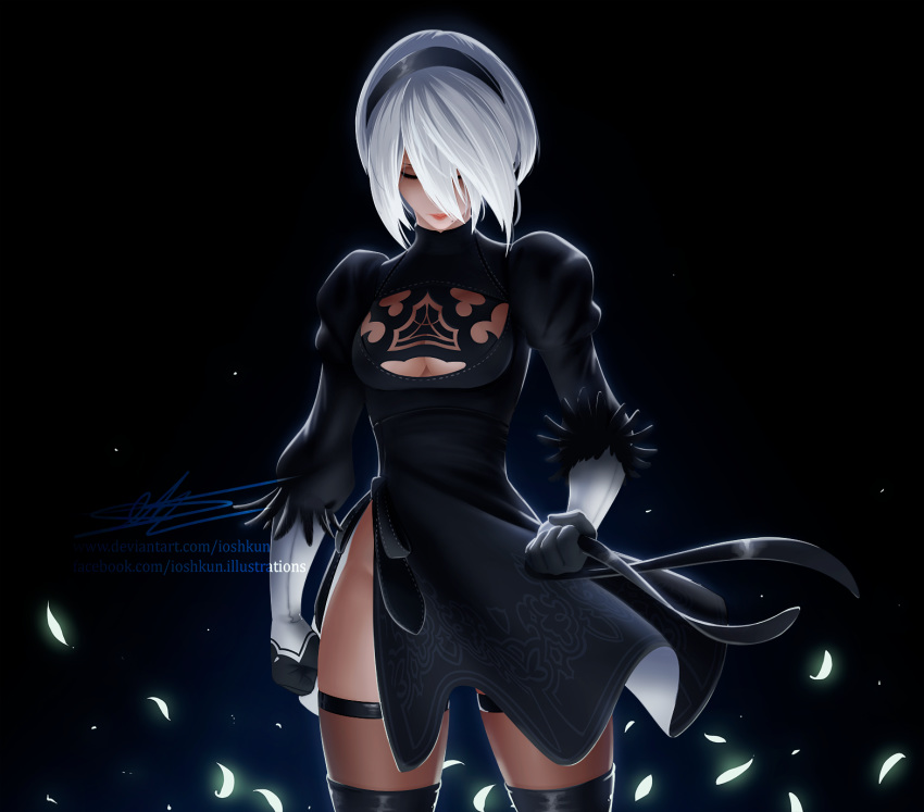 black_dress black_hairband blindfold_removed breasts cleavage_cutout clenched_hands closed_eyes commentary dress english_commentary feather-trimmed_sleeves female hairband highres ioshkun juliet_sleeves long_sleeves medium_breasts mole mole_under_mouth nier_(series) nier_automata no_blindfold no_bra puffy_sleeves sheer_legwear side_slit signature silver_hair solo thighhighs thighhighs_under_boots watermark web_address yorha_no._2_type_b