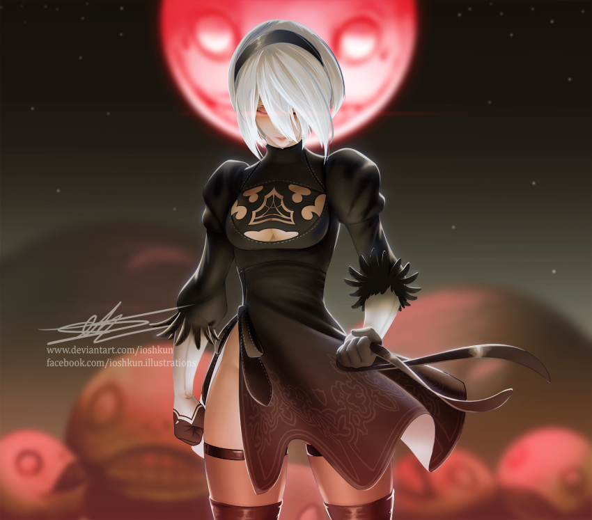 black_dress black_hairband blindfold_removed breasts cleavage_cutout clenched_hands closed_eyes commentary dress english_commentary feather-trimmed_sleeves female full_moon hairband highres ioshkun juliet_sleeves long_sleeves medium_breasts mole mole_under_mouth moon nier_(series) nier_automata no_blindfold no_bra puffy_sleeves red_moon robot sheer_legwear side_slit signature silver_hair solo thighhighs thighhighs_under_boots watermark web_address yorha_no._2_type_b