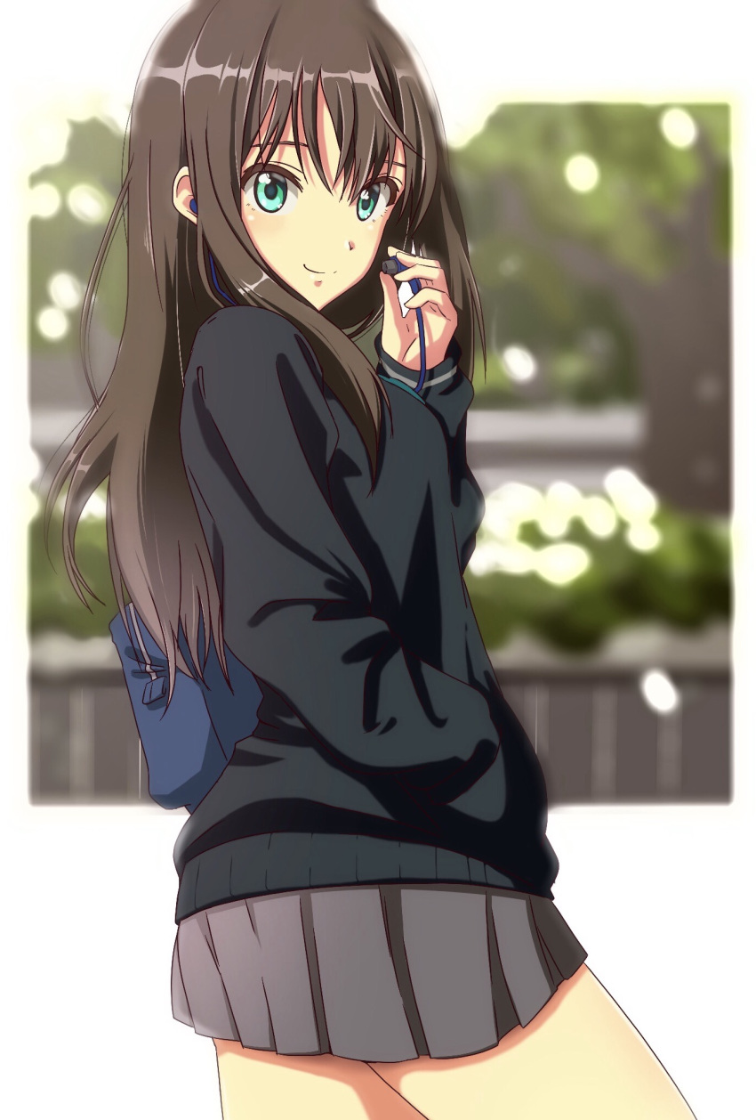 bad_id bad_pixiv_id black_sweater blurry blurry_background brown_hair commentary_request cowboy_shot earphones female from_side green_eyes grey_skirt hand_in_pocket highres idolmaster idolmaster_cinderella_girls long_hair long_sleeves looking_at_viewer miniskirt pleated_skirt shibuya_rin shiki_(0802makimari) skirt smile solo standing sweater