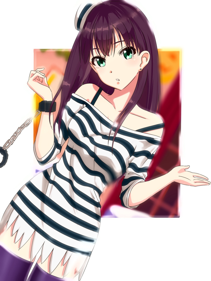 bad_id bad_pixiv_id brown_hair collarbone commentary_request cowboy_shot cuffs dutch_angle earrings female green_eyes handcuffs hat highres idolmaster idolmaster_cinderella_girls jewelry long_hair long_sleeves looking_at_viewer off-shoulder_shirt off_shoulder parted_lips purple_thighhighs shibuya_rin shiki_(0802makimari) shirt simple_background solo standing striped_clothes striped_shirt thighhighs white_background white_hat zettai_ryouiki