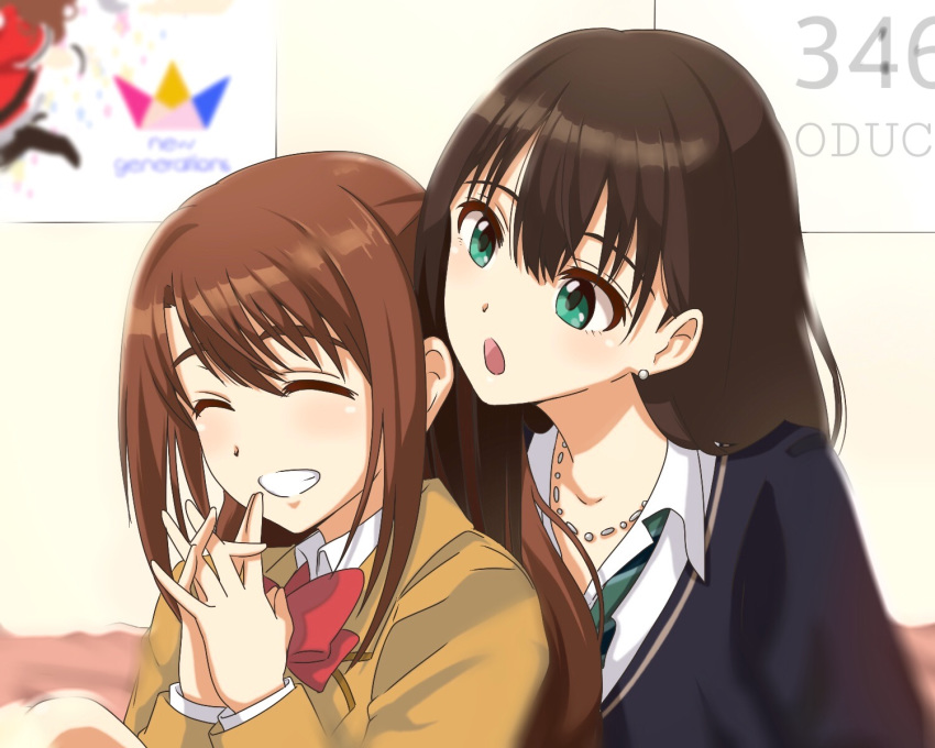 2girls bad_id bad_pixiv_id black_sweater blurry blurry_background bow bowtie brown_hair closed_eyes collarbone collared_shirt commentary_request green_eyes grin highres idolmaster idolmaster_cinderella_girls indoors jewelry long_hair long_sleeves multiple_girls necklace own_hands_together red_bow red_bowtie shibuya_rin shiki_(0802makimari) shimamura_uzuki shirt sitting smile sweater upper_body white_shirt wing_collar