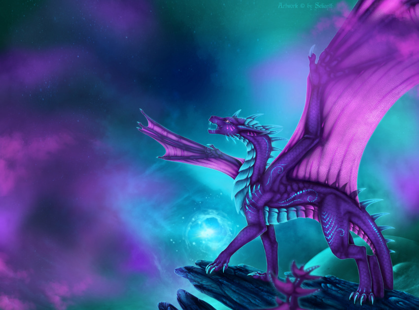 2019 ambiguous_gender claws curved_horn detailed_background digital_media_(artwork) dragon european_mythology feral hi_res horn membrane_(anatomy) membranous_wings mythological_creature mythological_scalie mythology open_mouth outside purple_body purple_eyes purple_scales scales scalie selianth selianth_(character) solo spines standing tail teeth western_dragon wings